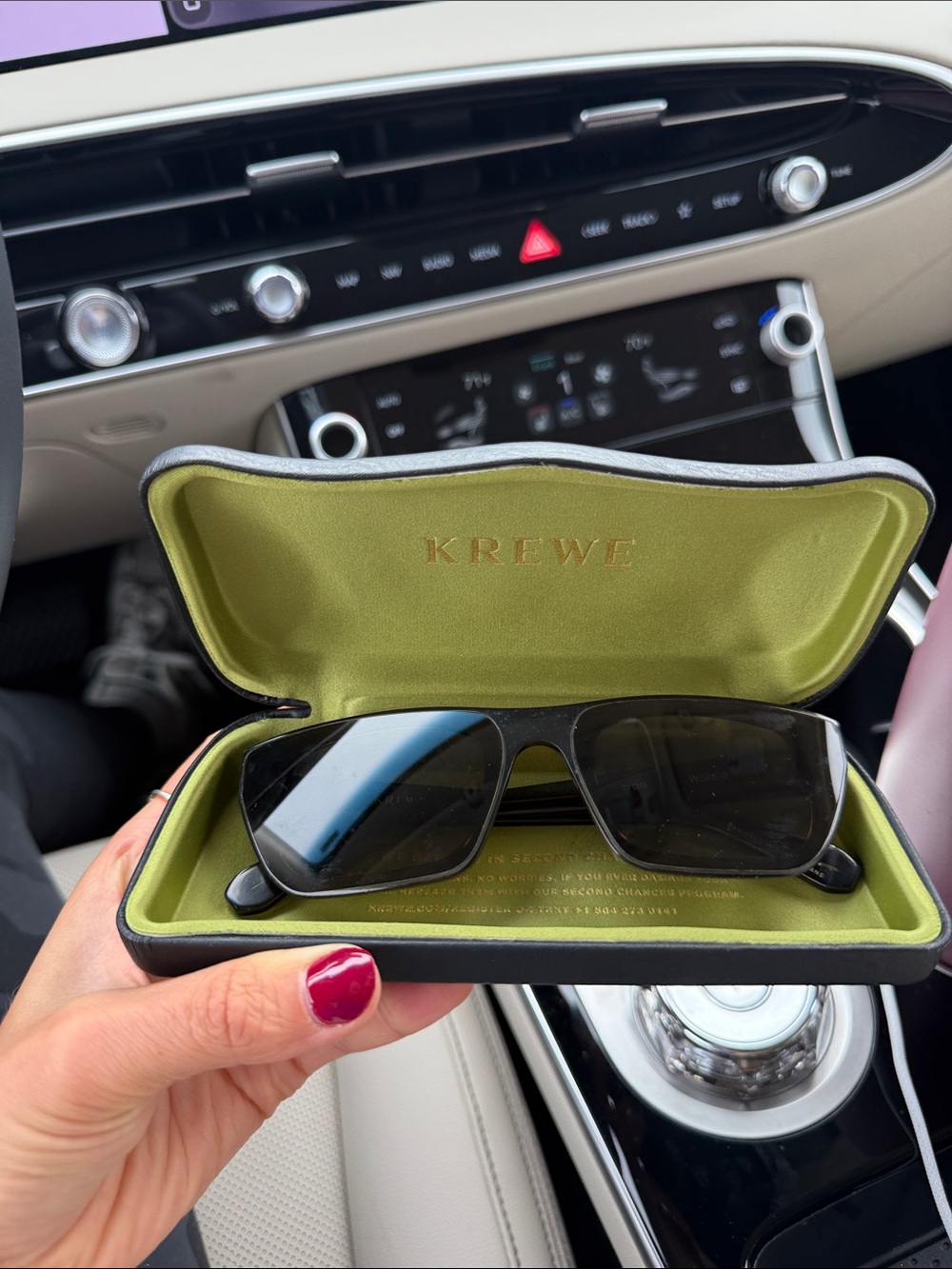 KREWE Black Rectangular Sunglasses with Olive Case Interior